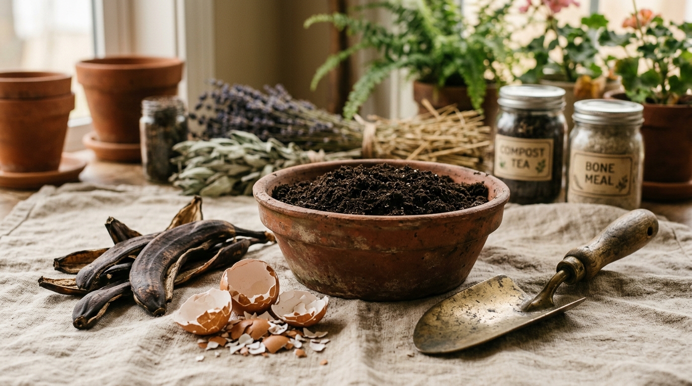 Ingredientes naturais para adubação orgânica em tigela de cerâmica