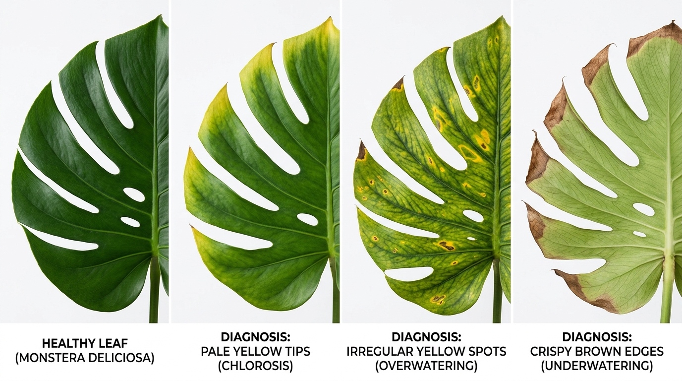 Comparação visual de folhas saudáveis e amareladas com diagnóstico de causas diferentes