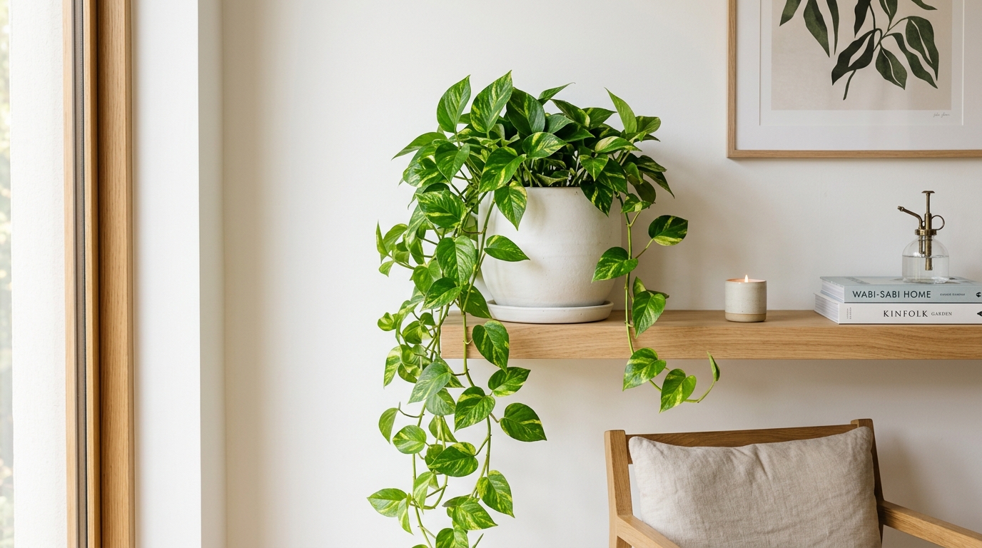 Jiboia Epipremnum aureum com folhas verdes e douradas em cascata a partir de prateleira de madeira em interior escandinavo
