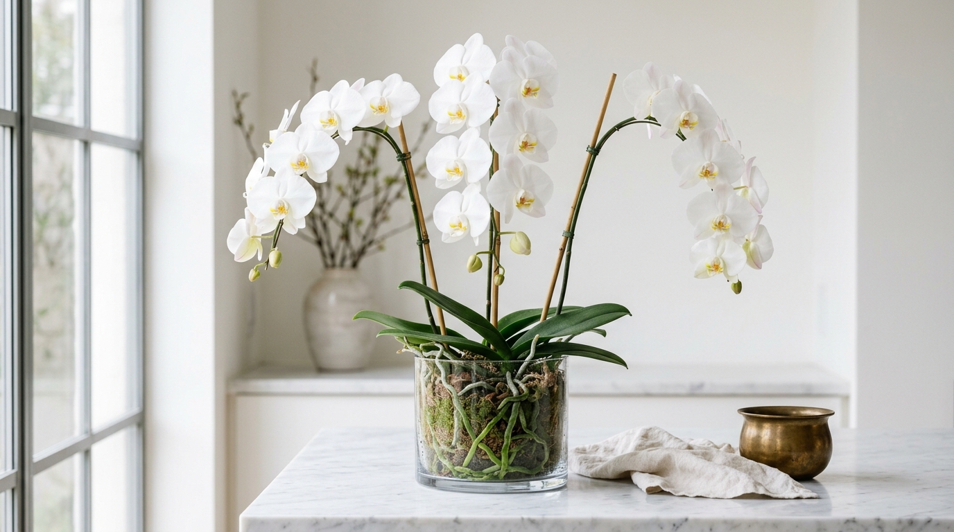 Orquídea Phalaenopsis branca com múltiplas hastes florais em vaso de vidro sobre mármore