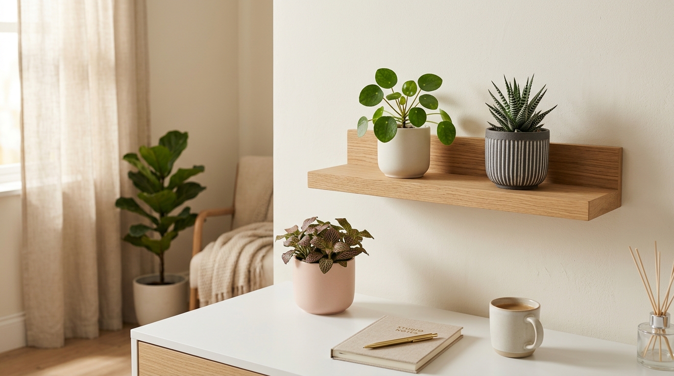 Plantas pequenas para decoração em prateleira de madeira carvalho e mesa de trabalho minimalista