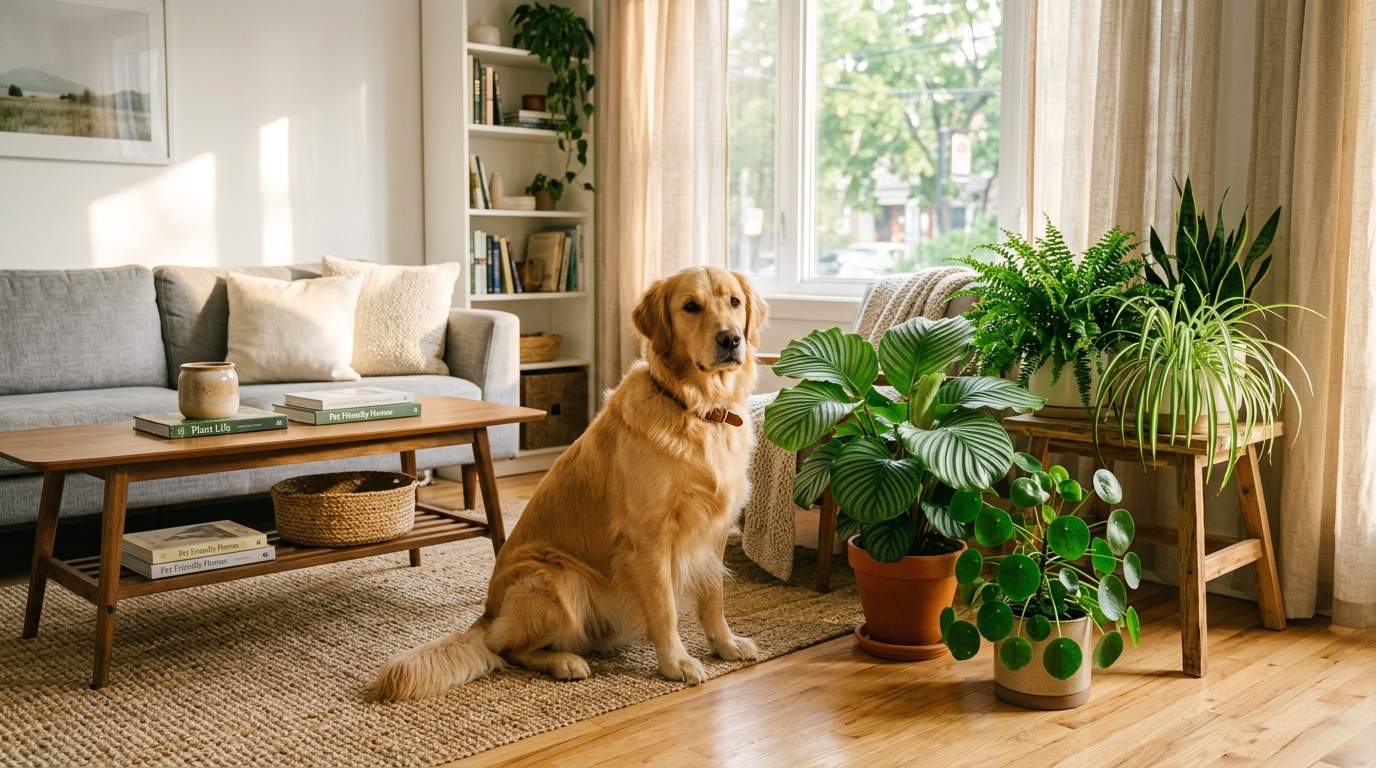Cachorro calmo ao lado de folhagens seguras e atóxicas