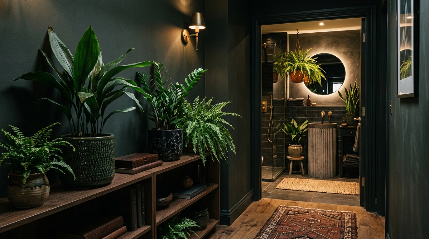 Corredor de apartamento moderno com plantas de sombra em prateleiras iluminadas