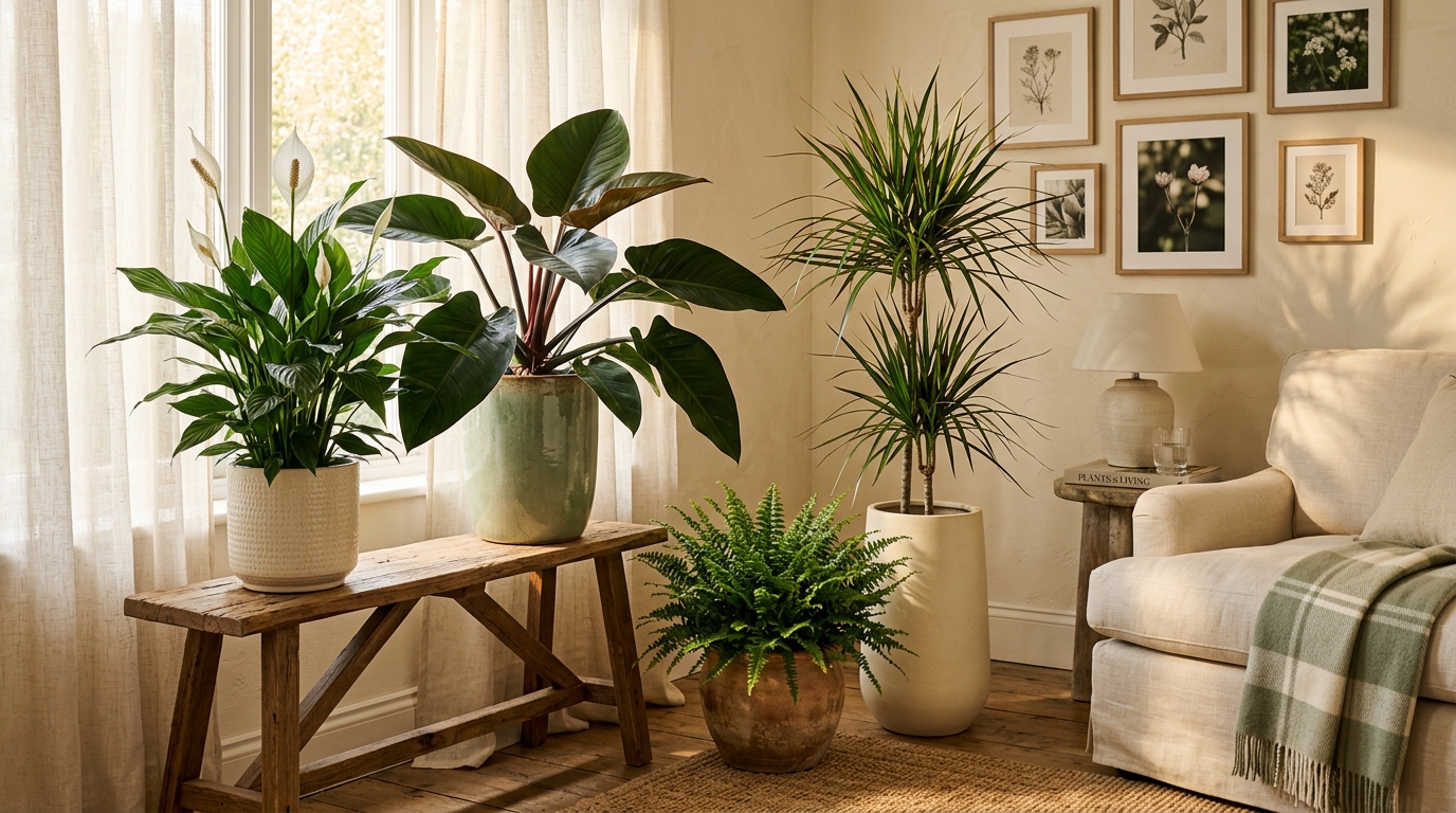 Sala de estar com Lírio-da-Paz, Filodendro, Samambaia e Dracena em vasos elegantes com luz suave de fim de tarde