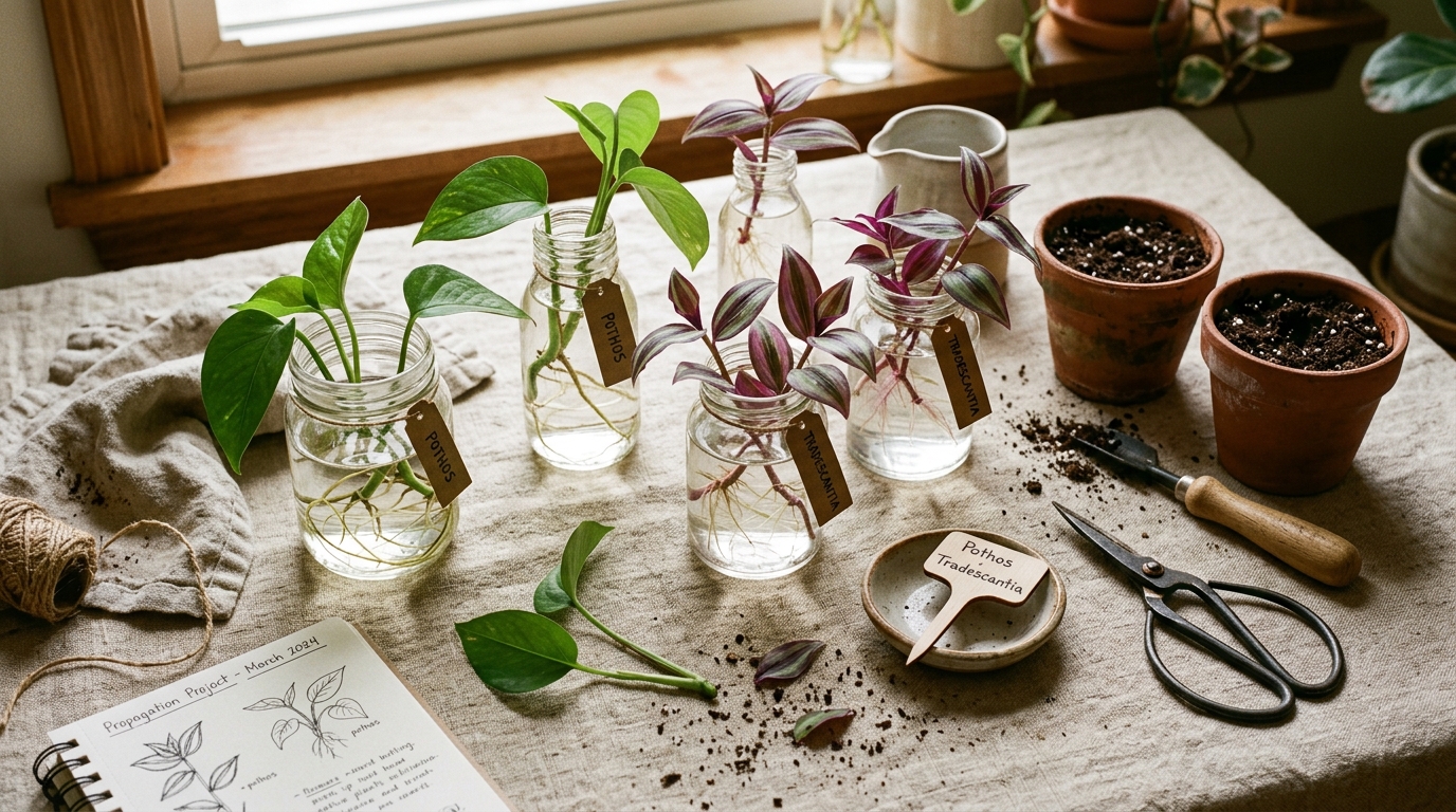 Estacas de Pothos e Tradescantia enraizando em potes de vidro com água clara sobre superfície de linho
