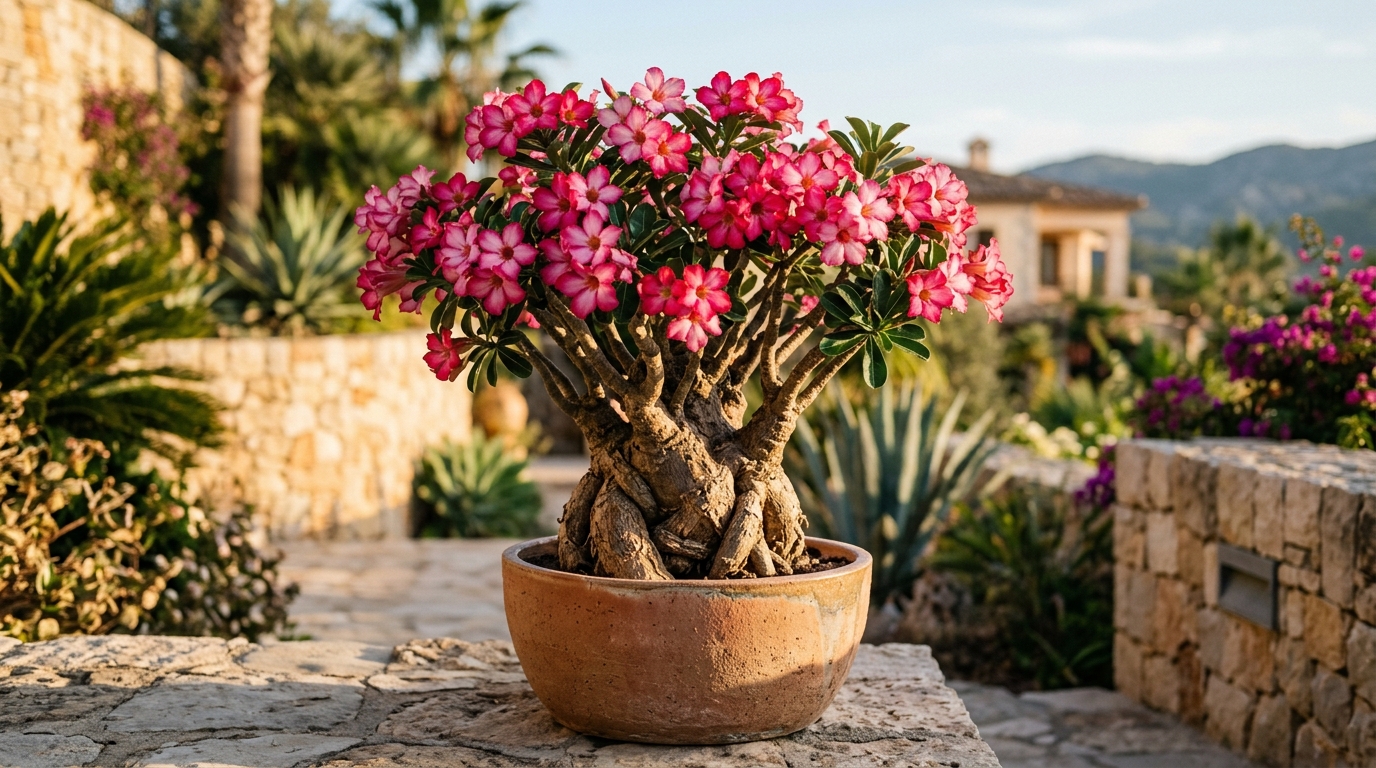 Rosa do Deserto (Adenium obesum) com flores magenta em pleno desabrochar e caudex grosso escultural