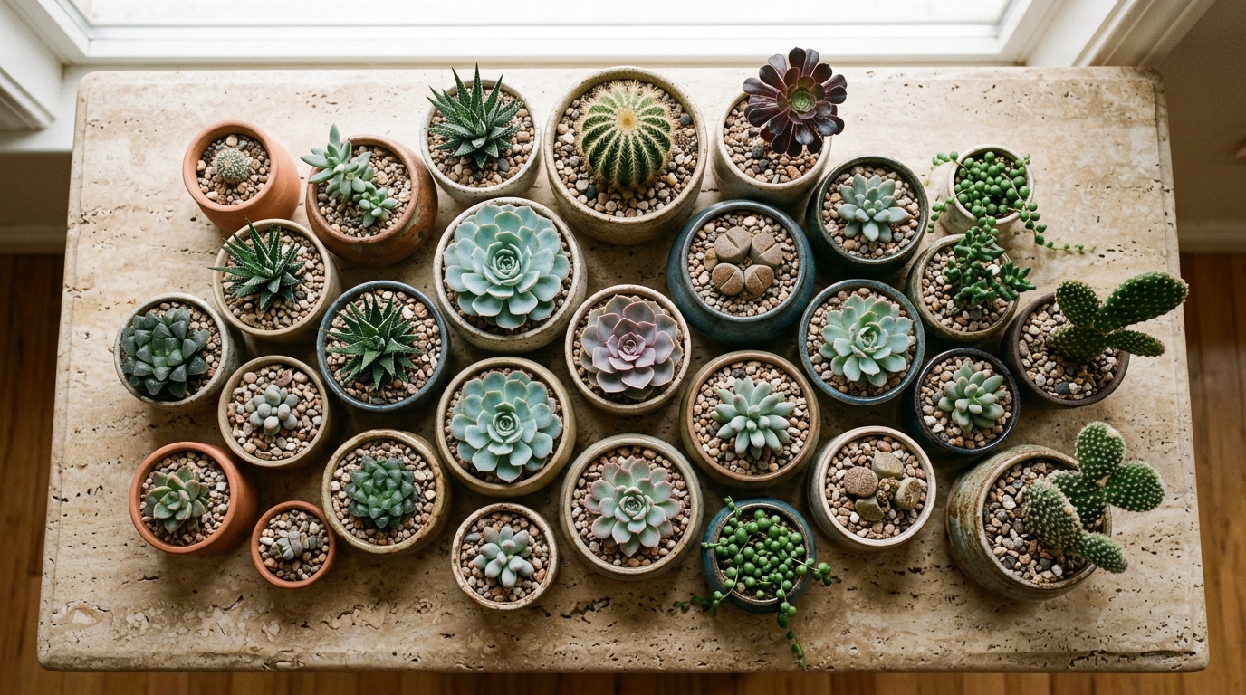 Coleção de suculentas e cactos em vasos de cerâmica e terracota vistos de cima sobre mármore travertino